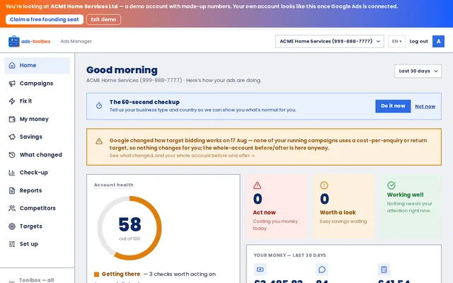 Ads Toolbox Home screen for ACME Home Services, the demo account