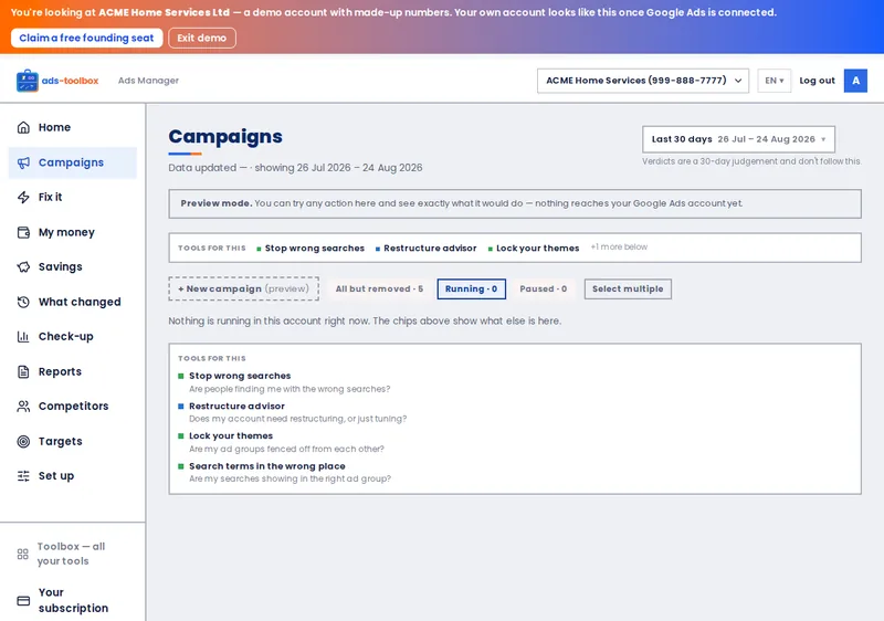 Ads Toolbox &mdash; Campaigns screen, ACME demo account