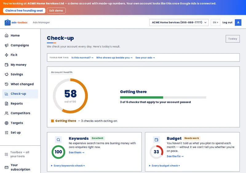 Ads Toolbox &mdash; Check-up screen, ACME demo account