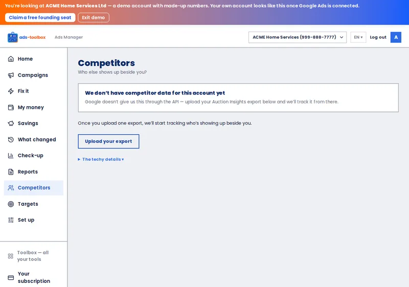 Ads Toolbox &mdash; Competitors screen, ACME demo account