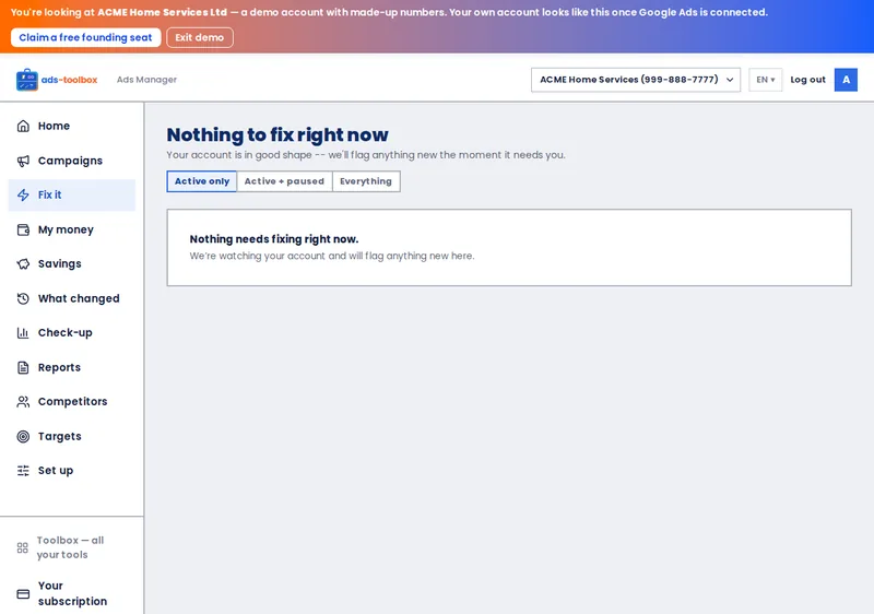 Ads Toolbox &mdash; Fix it screen, ACME demo account