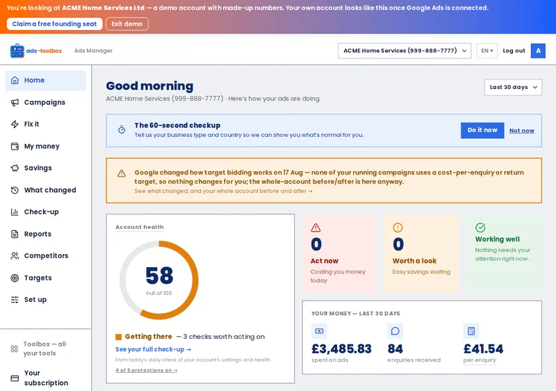 Ads Toolbox &mdash; Home screen, ACME demo account