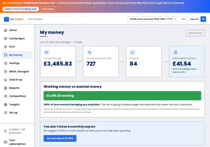 Ads Toolbox &mdash; My money screen, ACME demo account