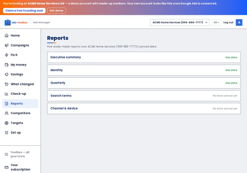 Ads Toolbox &mdash; Reports screen, ACME demo account