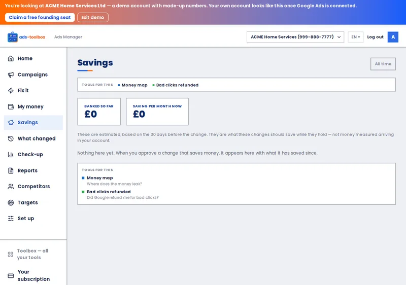 Ads Toolbox &mdash; Savings screen, ACME demo account