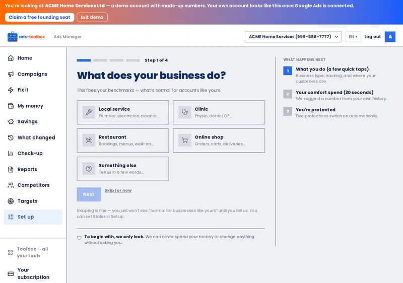 Ads Toolbox &mdash; Set up screen, ACME demo account
