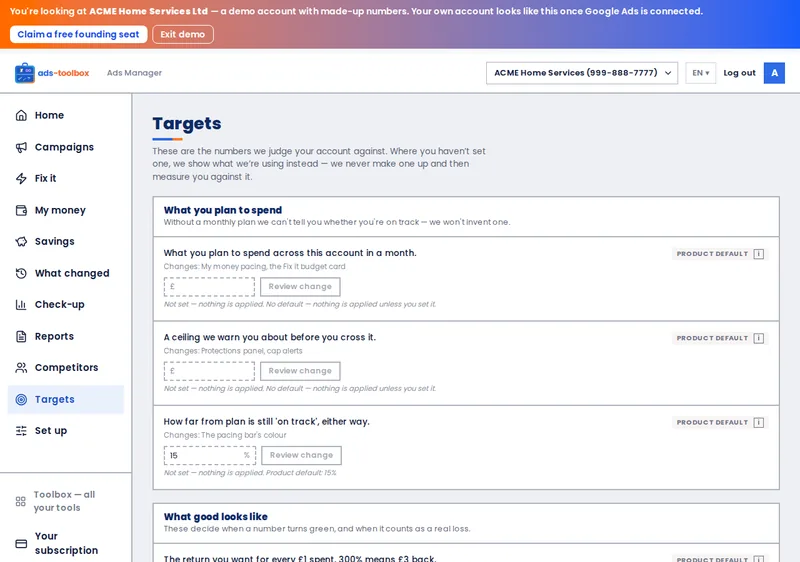 Ads Toolbox &mdash; Targets screen, ACME demo account