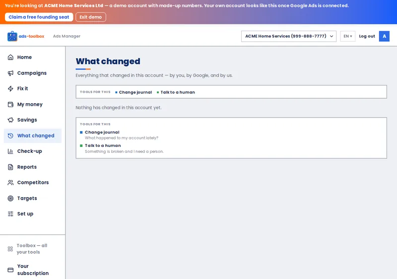 Ads Toolbox &mdash; What changed screen, ACME demo account