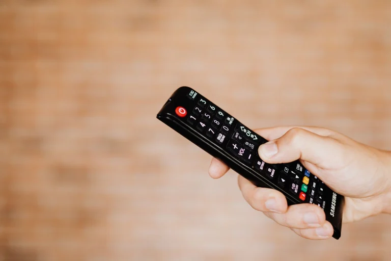A hand holding a remote control